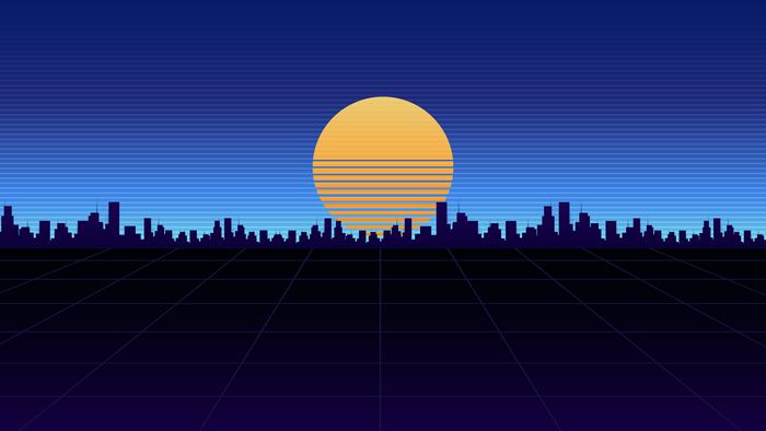 Retro cityscape with a large sun at night