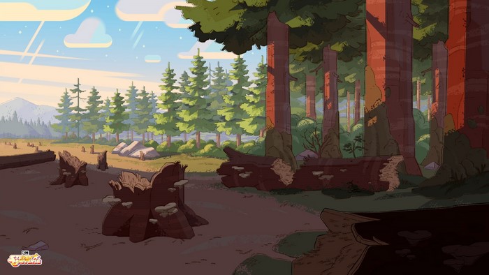 Forest scene with tree stumps and fallen logs