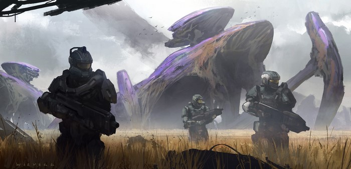 Soldiers in front of Forerunner structures in Halo