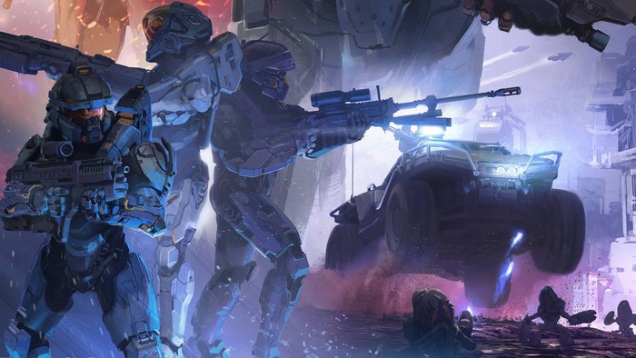 Halo soldiers in battle with Warthog vehicle