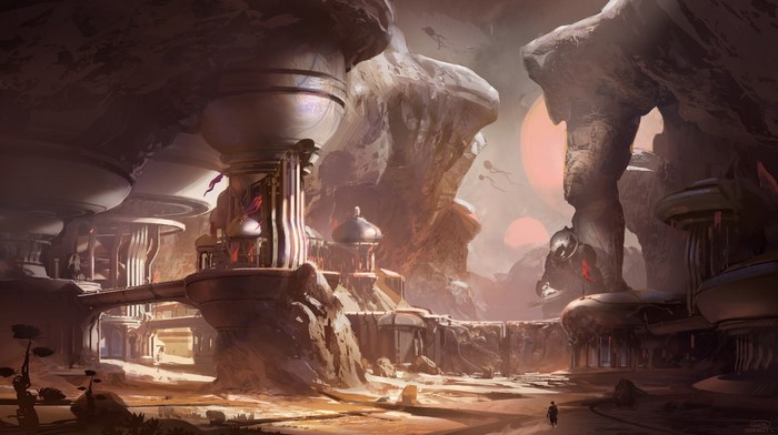 Alien Cityscape with Twin Suns and Flying Vehicles