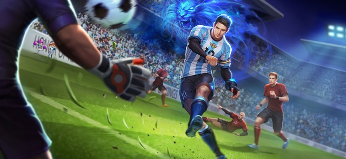 Soccer player with blue lion aura in stadium