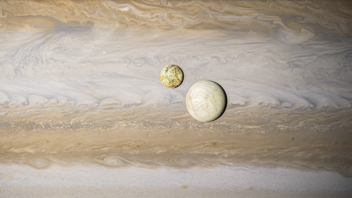 4K Space Engine Jupiter with moons Io and Europa