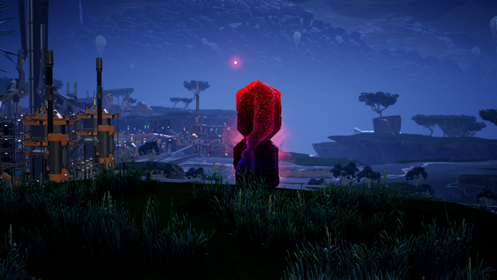 4K video game scene with crystal and factories