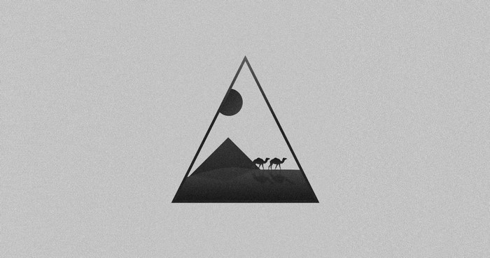Minimalist desert scene with camels and pyramid inside a triangle