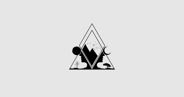 Minimalist Triangle Geometric Art with Sun, Moon, and Mountains