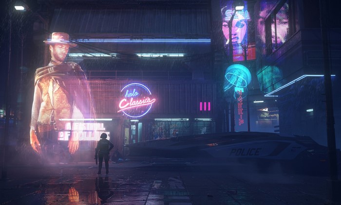 Hologram of Clint Eastwood from The Good, The Bad and The Ugly in a futuristic city