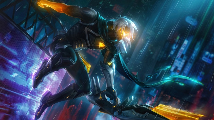 Vayne from League of Legends in a futuristic city
