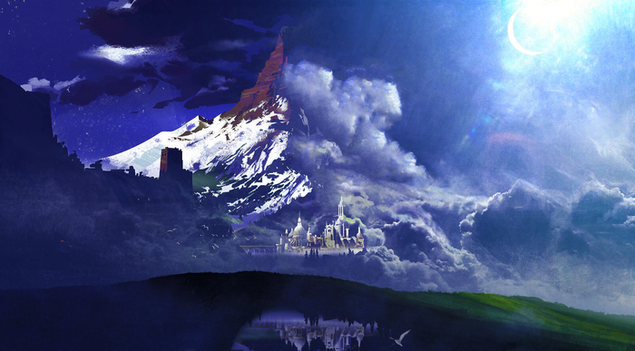 Fantasy castle on a mountain with a crescent moon