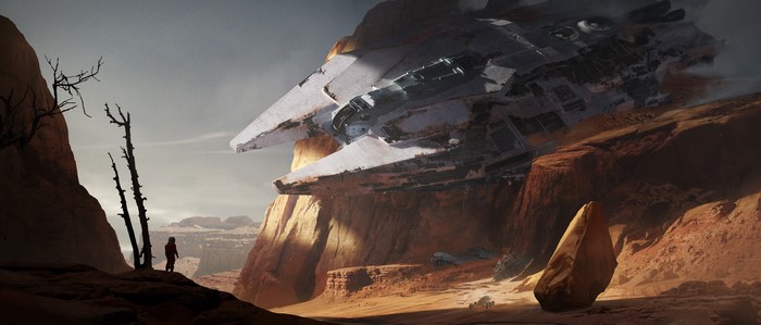 Spaceship crashed in a desert canyon with a lone figure