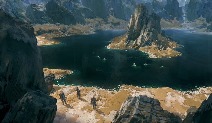 Fantasy art of knights by a lake with mountains