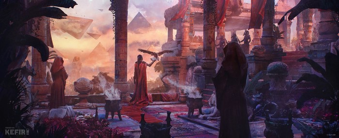 Fantasy artwork of ancient ruins with pyramids and floating islands