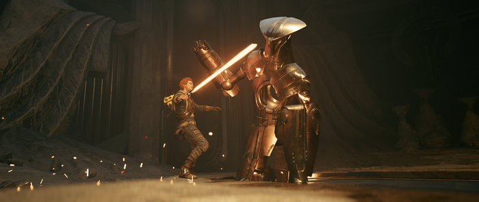 Cal Kestis from Star Wars: Jedi Fallen Order fighting a droid