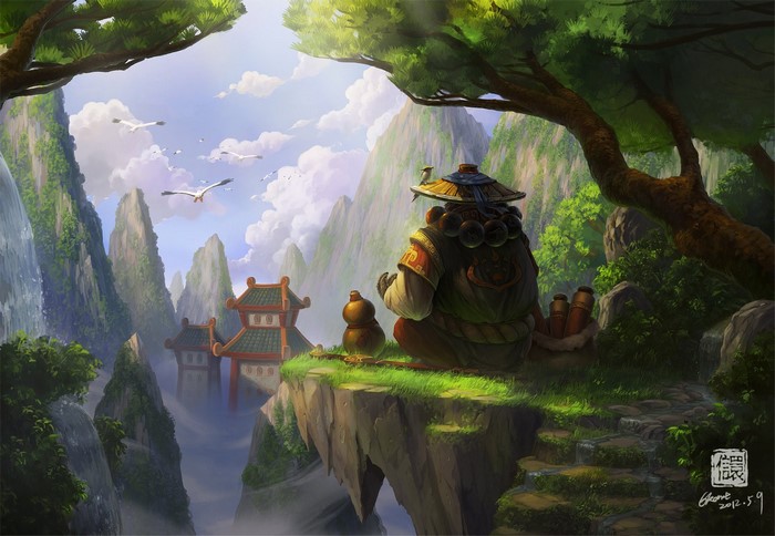 Pandaren Monk meditating in Mists of Pandaria landscape