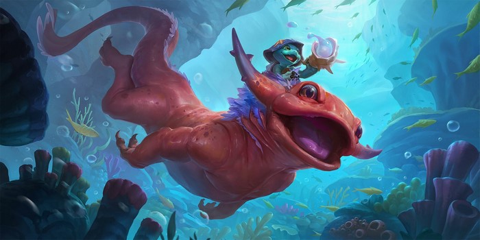 A red sea creature with a small turtle rider
