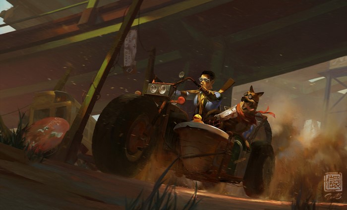 Man and dog riding a motorcycle from Fallout