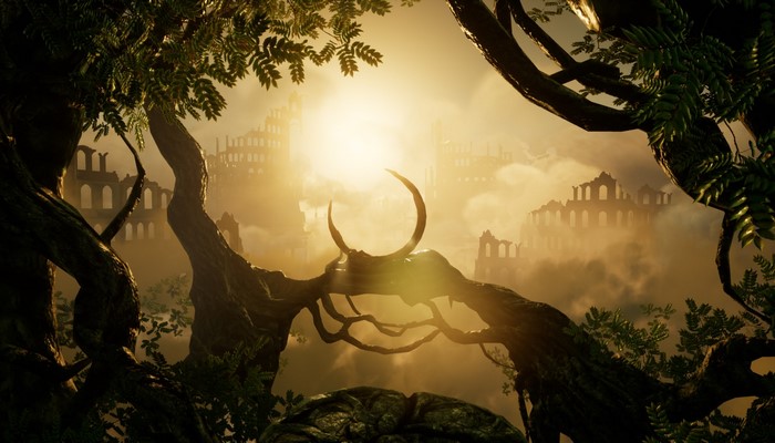 Ancient ruins in mist with sun and trees