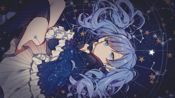 Anime girl with blue hair and eyes among constellations