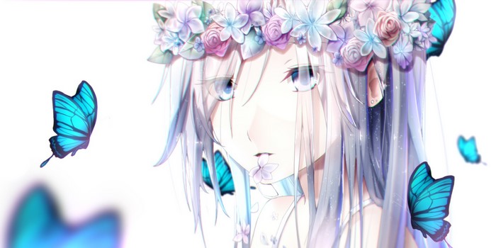 Anime girl with flower crown and butterflies