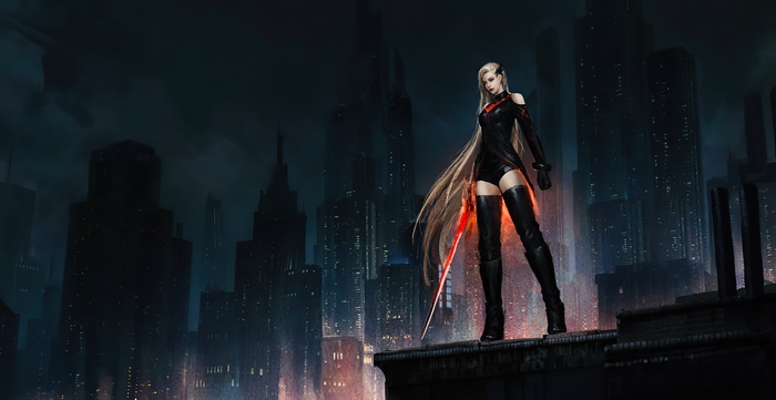 Sci Fi Woman Warrior with Sword in City