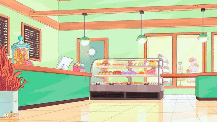 Bakery interior with display cases of pastries and cakes