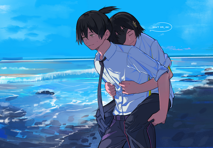 Aki Hayakawa and Himeno from Chainsaw Man on the beach