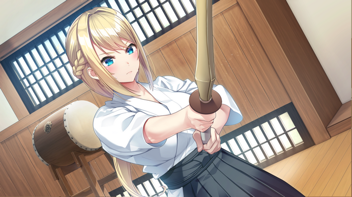 Anime girl in Japanese clothes holding a sword