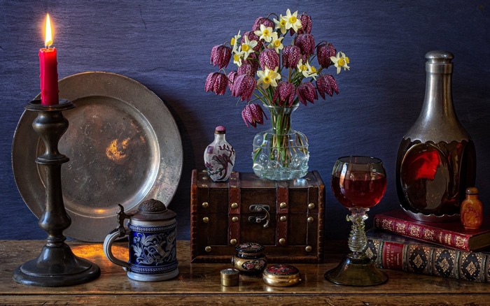 Still life with flowers, books, and wine