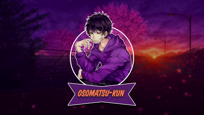Anime boy in purple hoodie with "OSOMATSU-KUN" banner