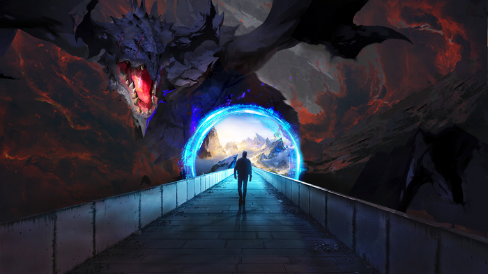 Dragon emerging from fiery cave through a portal