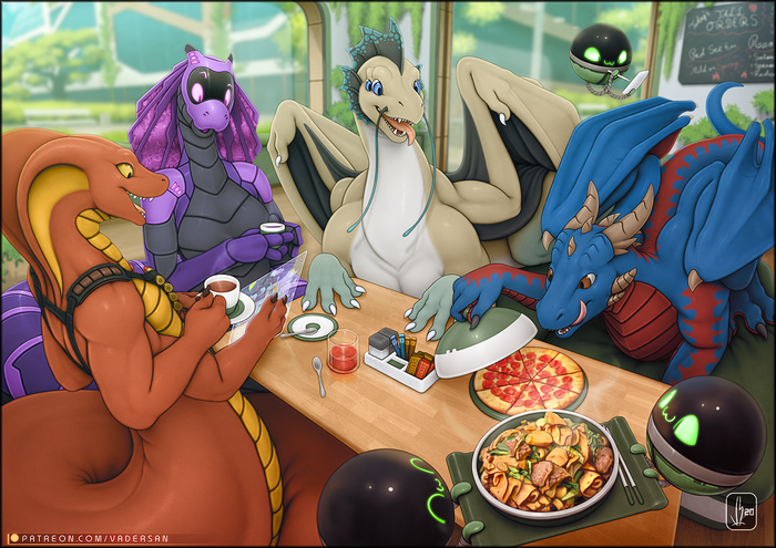 Anthro dragons and robots eating at a restaurant