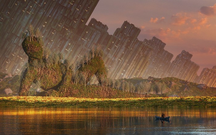 Giant made of trees and earth with futuristic city in background