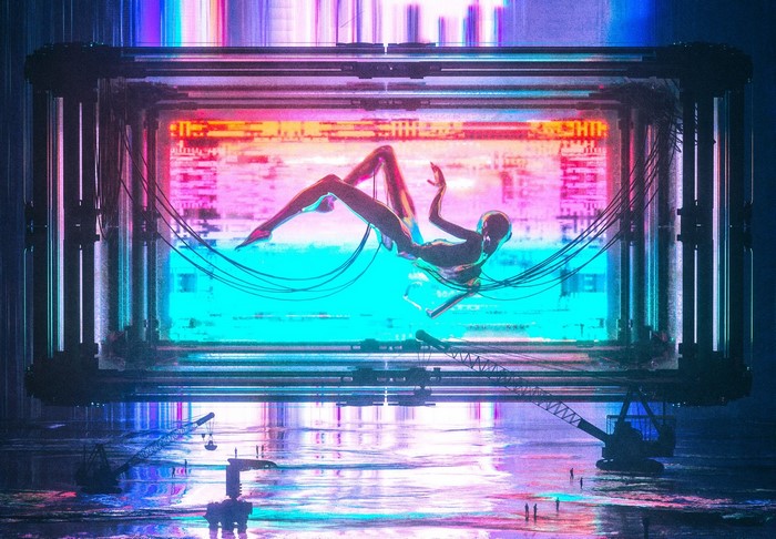 Futuristic digital art of a cybernetic figure in a neon tank