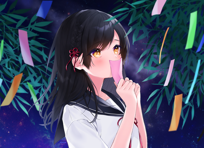Anime girl with black hair and yellow eyes at night