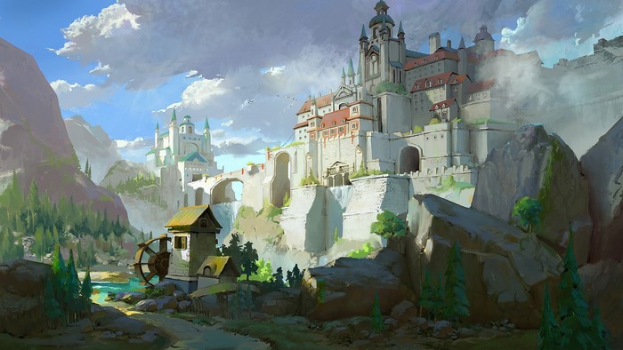 Fantasy castle on a cliffside with a river and water wheel