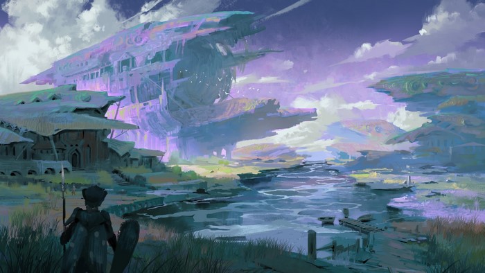 Fantasy landscape with a figure holding a spear and shield