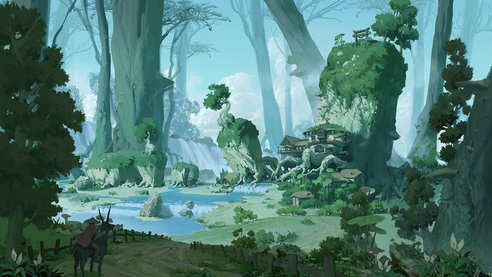 Fantasy forest village with a river and waterfall