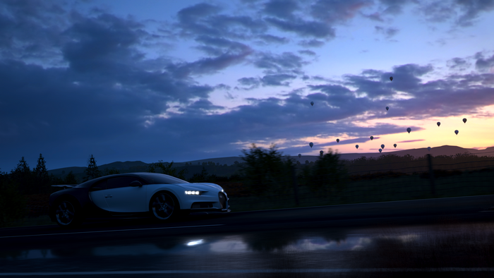 Bugatti Chiron in Forza Horizon 4 at sunset with hot air balloons