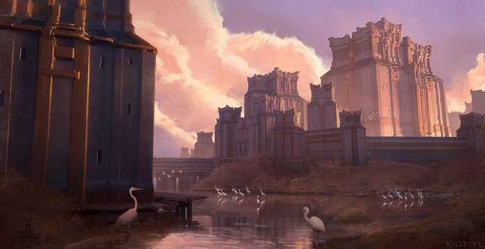 Fantasy castle architecture by a river with birds