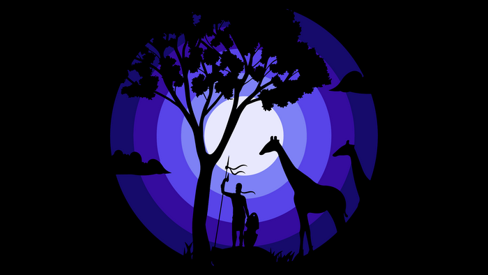 Silhouette of a warrior with a spear and shield, giraffes, and a tree against a moonlit sky