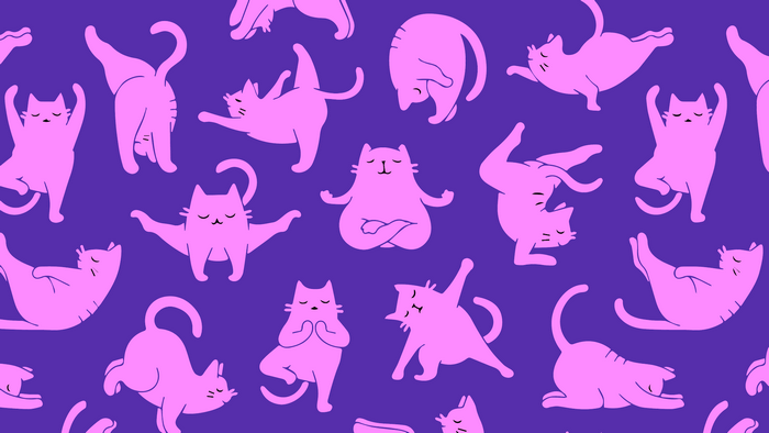 Pink cats doing yoga poses on a purple background
