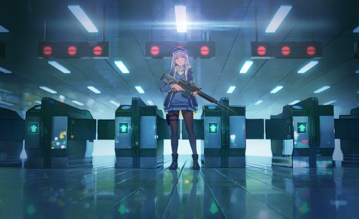 Anime girl with sniper rifle at subway station