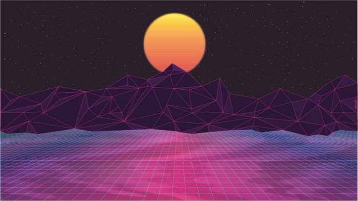 Retro futuristic landscape with mountains and sun