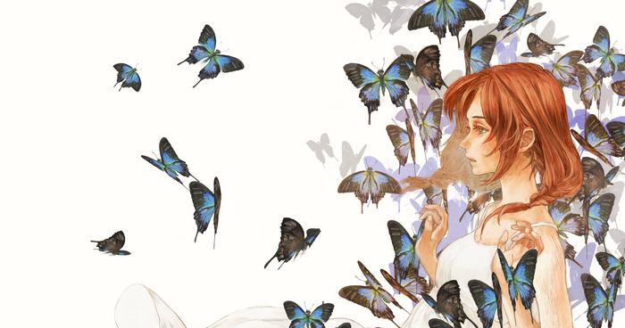 Anime girl surrounded by blue butterflies