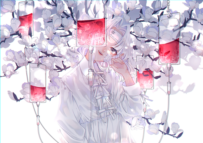 Anime girl with white hair and IV bags