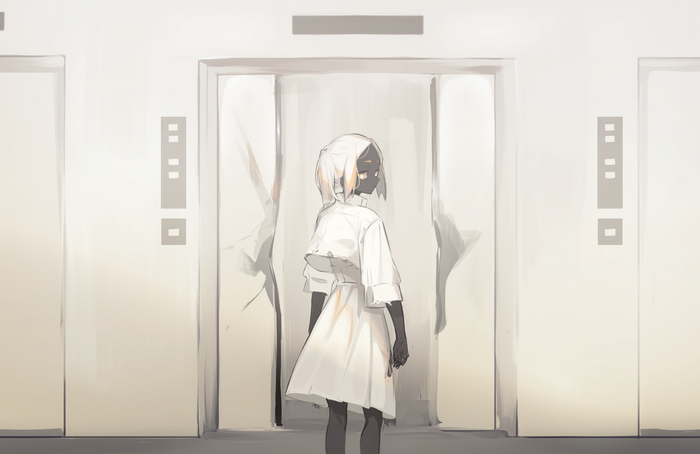 Girl with white hair in a white dress in an elevator