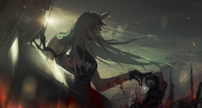 Arknights character with horn and long hair