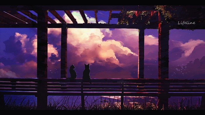 Two cats on a bench watching a sunset with clouds