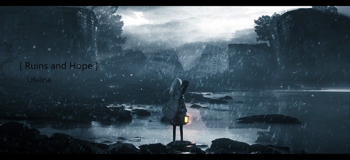 Anime girl with guitar and lantern in ruins