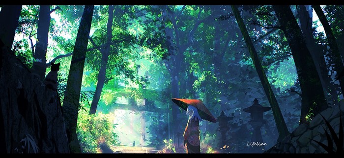 Anime girl with umbrella in a forest